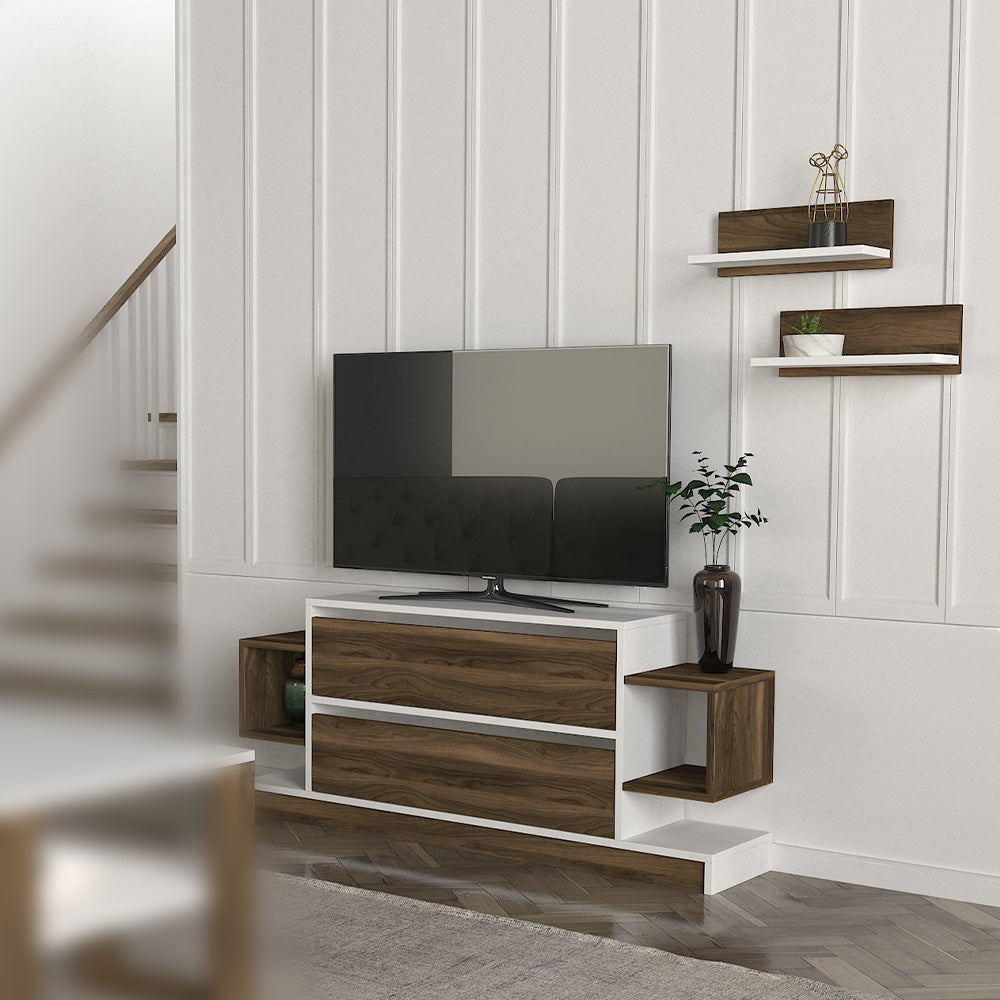 Meuble TV MAGIC 134 cm avec 2 étagères murales - Noyer et blanc - Meublin.ma Meuble TV Meublin.ma