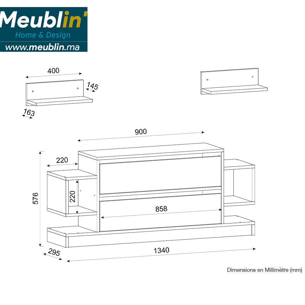 Meuble TV MAGIC 134 cm avec 2 étagères murales - Noyer et blanc - Meublin.ma Meuble TV Meublin.ma