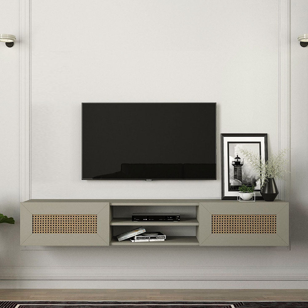 Meuble TV suspendu PIUMA 180 cm de 2 portes - Gris argenté à motifs - Meublin.ma Meuble TV Meublin.ma