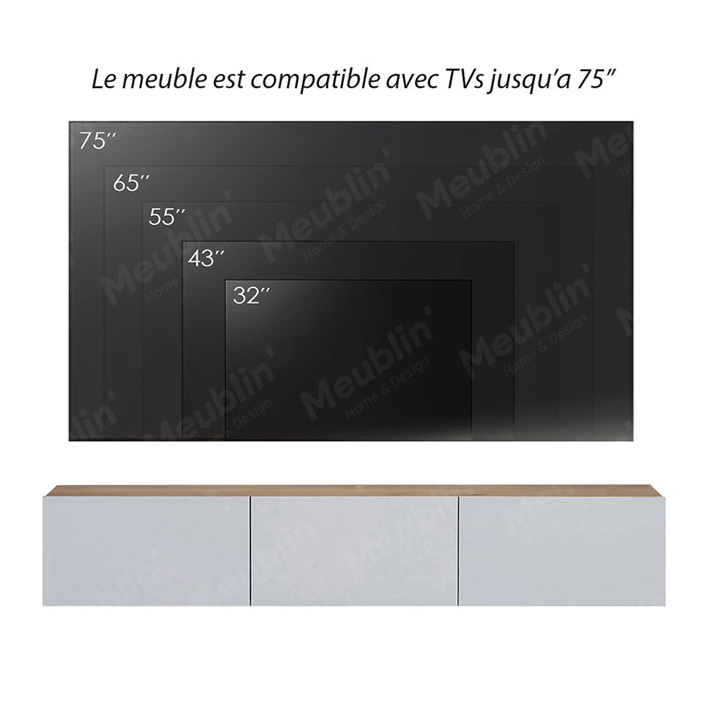 Meuble TV suspendu PALM 180 cm à 3 portes - Blanc et chêne - Meublin.ma Meuble TV Meublin.ma