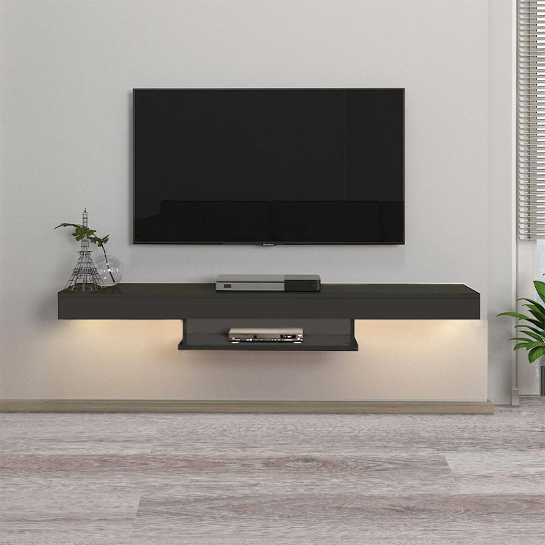 Meuble TV design suspendu ALBERES 150 cm - Gris avec éclairage LED - Meublin.ma Meuble TV Meublin.ma