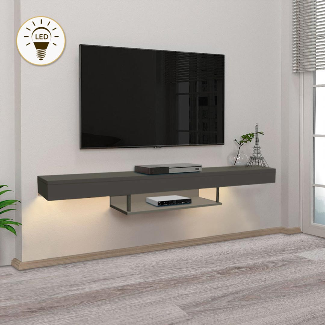 Meuble TV design suspendu ALBERES 150 cm - Gris avec éclairage LED - Meublin.ma Meuble TV Meublin.ma