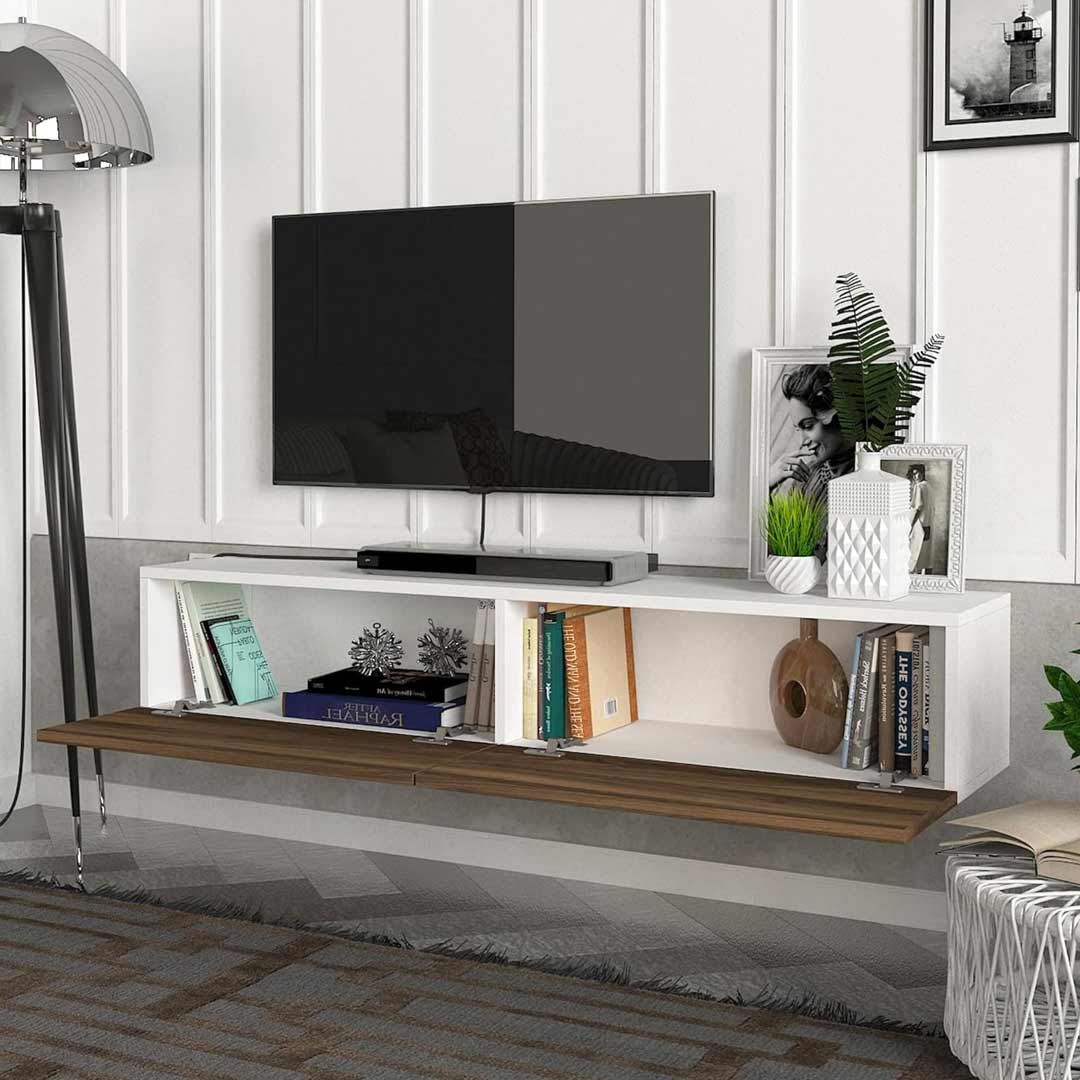 Meuble TV design suspendu ARISTO 135 cm - Blanc et Noyer - Meublin.ma Meuble TV Meublin.ma