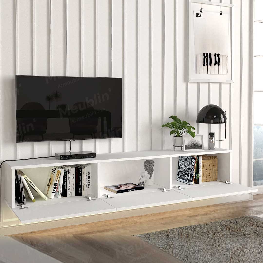 Meuble TV design suspendu DAMLA 180 cm Blanc - Séjour et Salon - Meublin.ma Meuble TV Meublin.ma