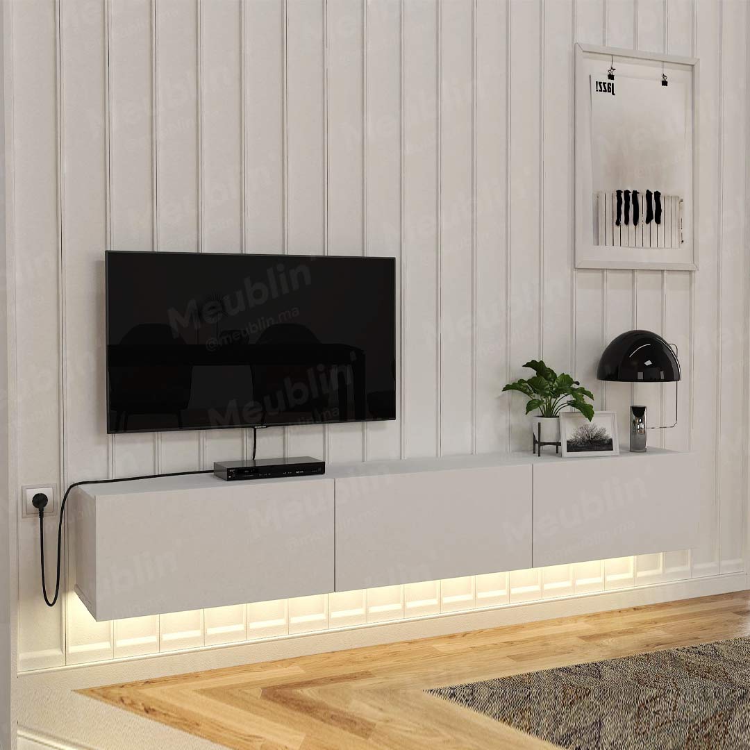 Meuble TV design suspendu DAMLA 180 cm Blanc - Séjour et Salon - Meublin.ma Meuble TV Meublin.ma