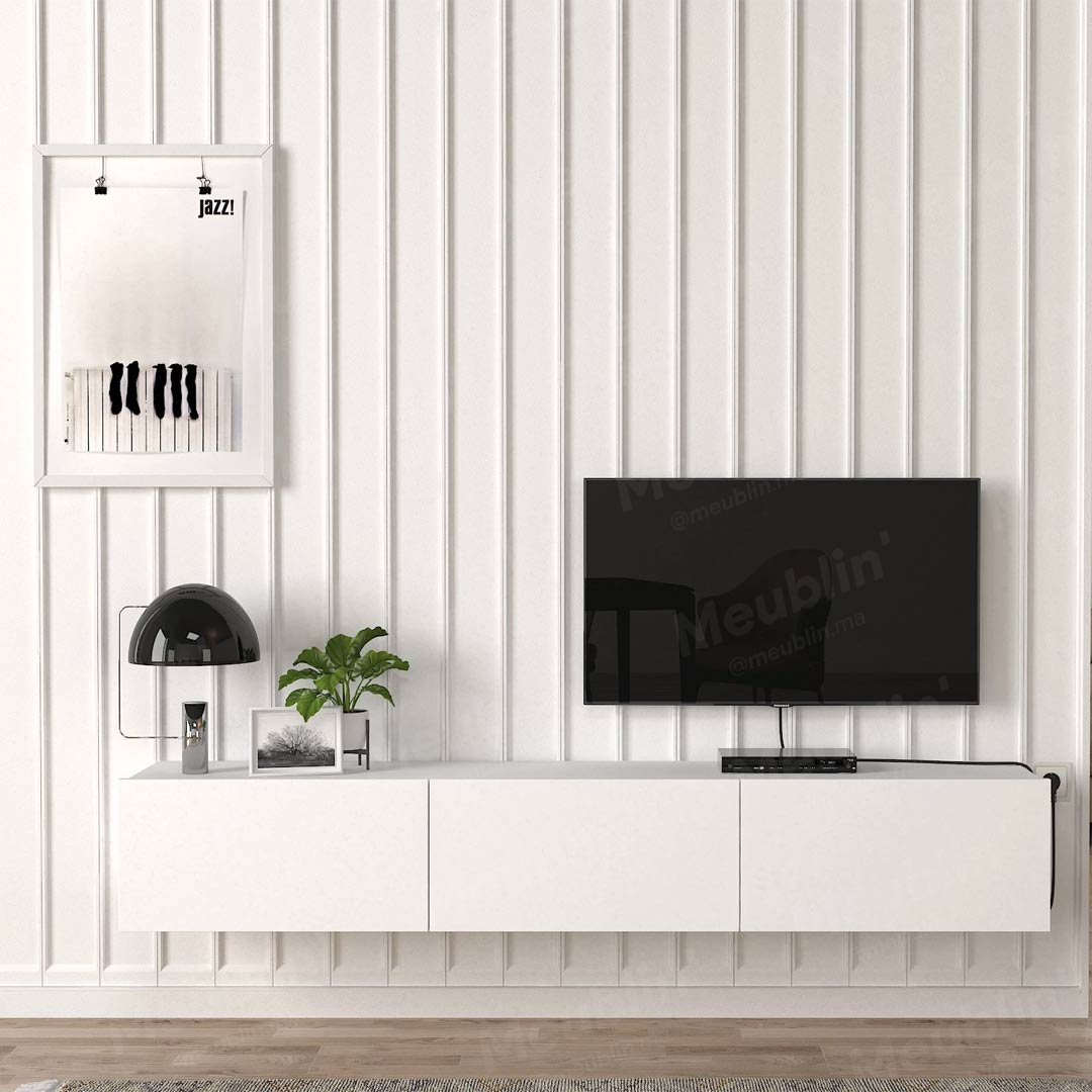 Meuble TV design suspendu DAMLA 180 cm Blanc - Séjour et Salon - Meublin.ma Meuble TV Meublin.ma