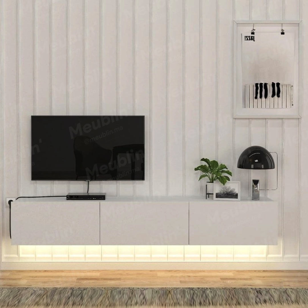 Meuble TV design suspendu DAMLA 180 cm Blanc - Séjour et Salon - Meublin.ma Meuble TV Meublin.ma