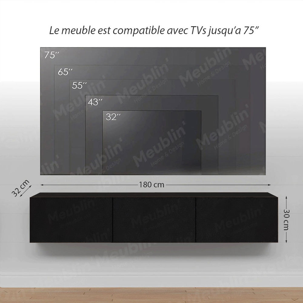 Meuble TV design suspendu DAMLA 180 cm - Noir - Meublin.ma Meuble TV Meublin.ma