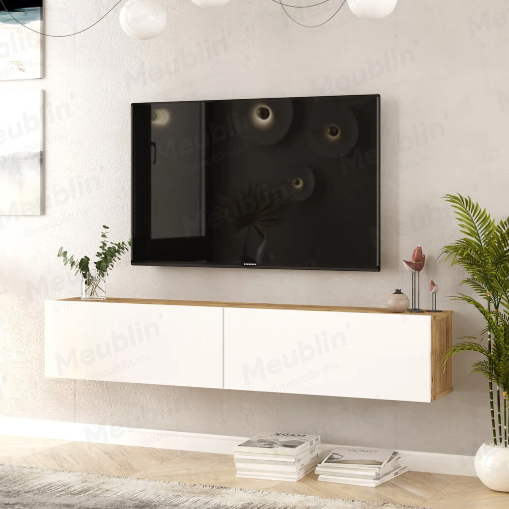 Meuble TV design suspendu ARISTO 135 cm - Chêne et blanc - Meublin.ma Meuble TV Meublin.ma