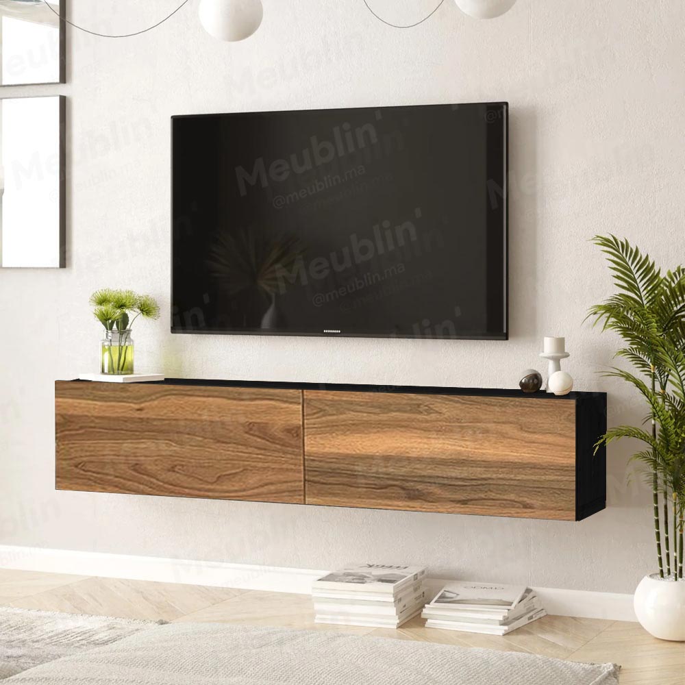 Meuble TV suspendu ARISTO 135 cm - Noir et Marron Noyer - Décoration d'intérieur