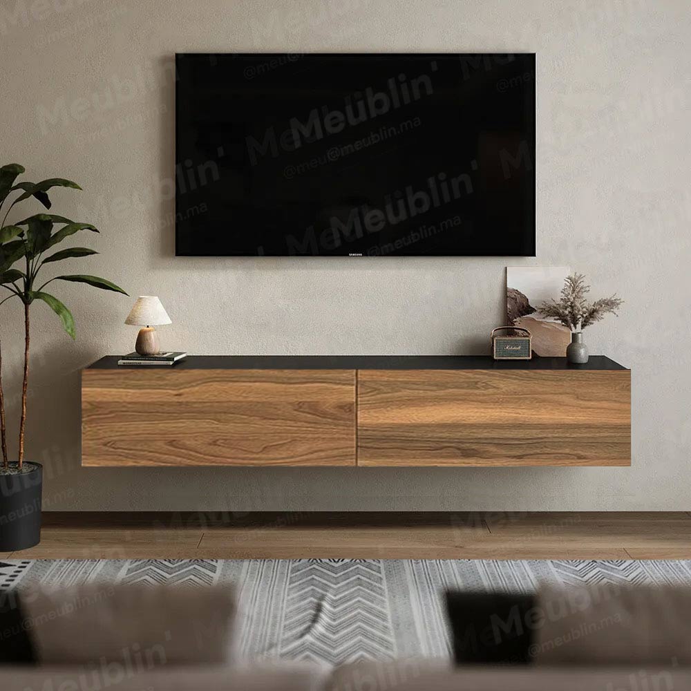 Meuble TV suspendu ARISTO 135 cm - Noir et Marron Noyer - Décoration d'intérieur