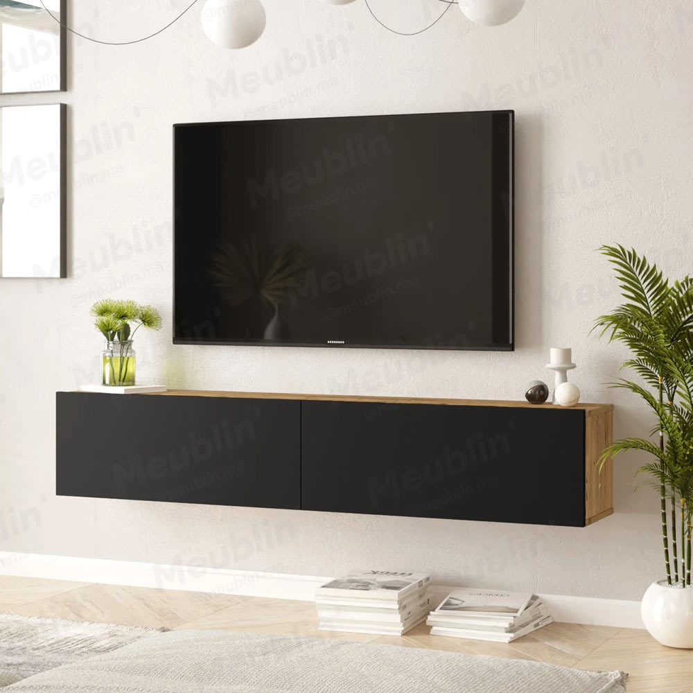 Meuble TV design suspendu ARISTO 135 cm - Chêne et noir - Meublin.ma Meuble TV Meublin.ma