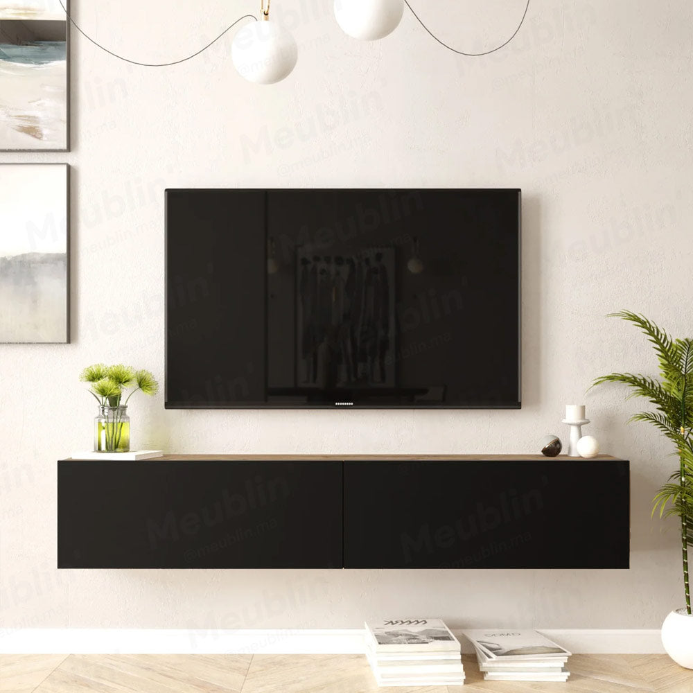 Meuble TV design suspendu ARISTO 135 cm - Chêne et noir - Meublin.ma Meuble TV Meublin.ma