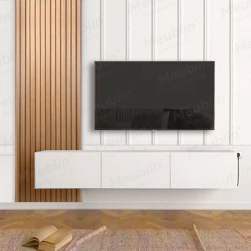 Meuble TV suspendu 180 cm Blanc - avec Bardage en bois MDF - Meublin.ma Meuble TV Meublin.ma