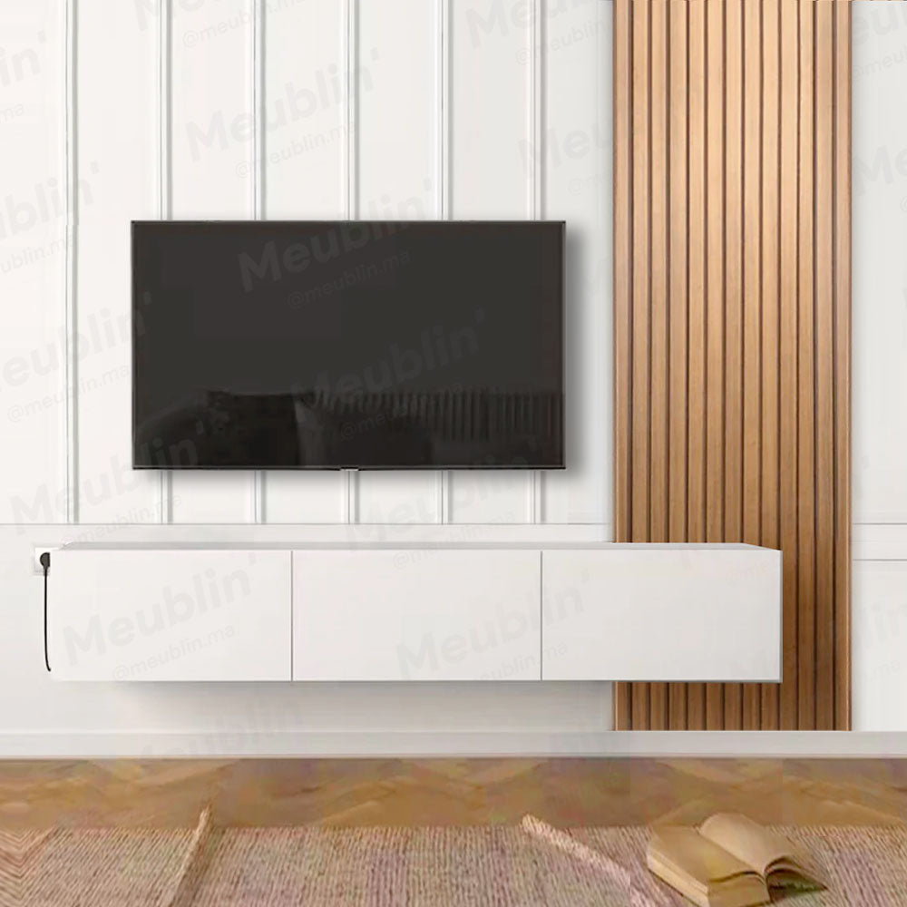 Meuble TV suspendu 180 cm Blanc - avec Bardage en bois MDF - Meublin.ma Meuble TV Meublin.ma