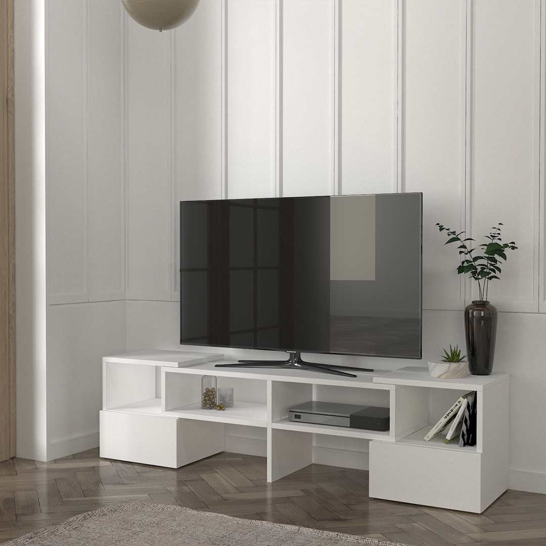 Meuble TV d'angle TWIN 140 cm pour séjour ou salon - Blanc - Meublin.ma Meuble TV Meublin.ma