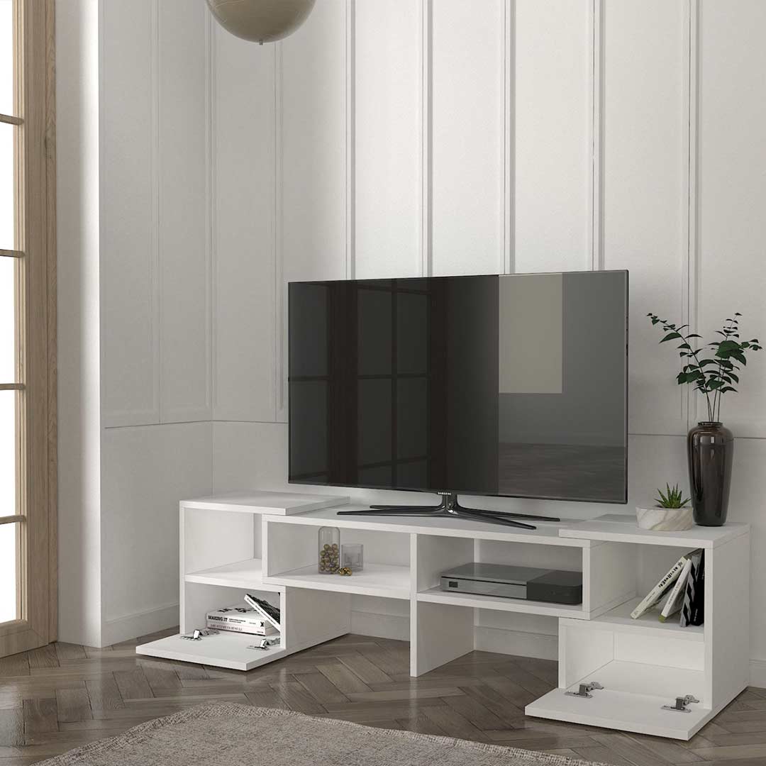 Meuble TV d'angle TWIN 140 cm pour séjour ou salon - Blanc - Meublin.ma Meuble TV Meublin.ma