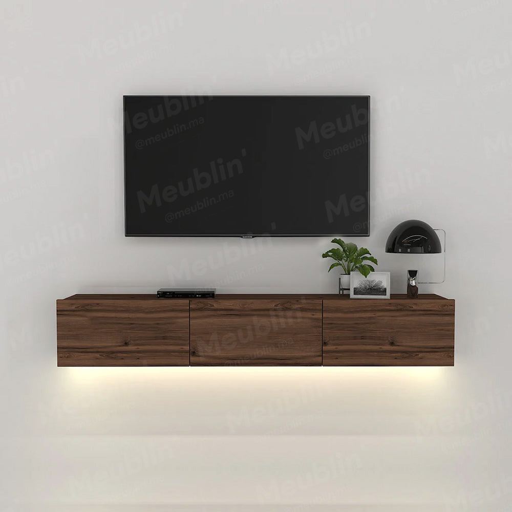 Meuble TV suspendu DAMLA 180 cm avec éclairage LED - Bois Marron Tokap