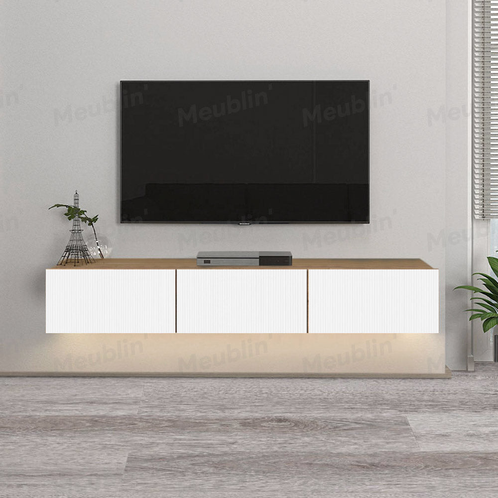 Meuble TV suspendu DAMLA 180 cm - Chene et Blanc - Éclairage LED