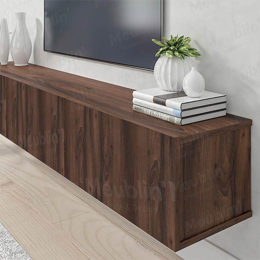 Meuble TV design suspendu AGDAL 180 cm - Bois Marron Foncé - Meublin.ma Meuble TV Meublin.ma