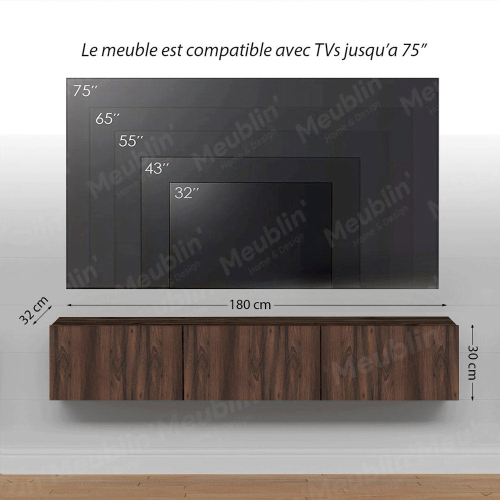 Meuble TV design suspendu AGDAL 180 cm - Bois Marron Foncé - Meublin.ma Meuble TV Meublin.ma