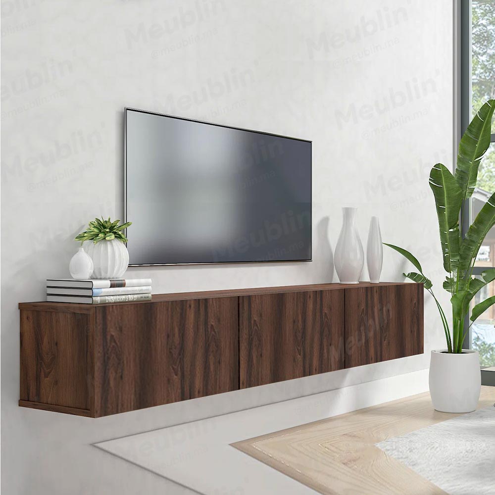 Meuble TV design suspendu AGDAL 180 cm - Bois Marron Foncé - Meublin.ma Meuble TV Meublin.ma