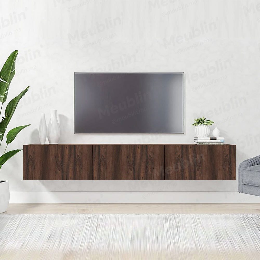 Meuble TV design suspendu AGDAL 180 cm - Bois Marron Foncé - Meublin.ma Meuble TV Meublin.ma