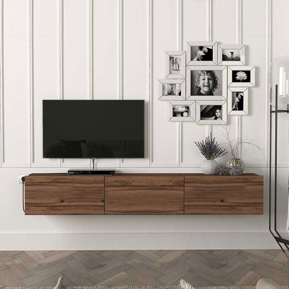 Meuble TV suspendu DAMLA 180 cm avec éclairage LED - Bois Marron Tokap