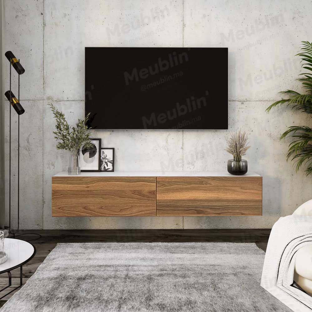 Meuble TV design suspendu ARISTO 135 cm - Blanc et Noyer