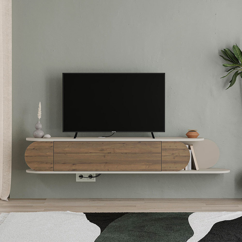 Meuble TV à design suspendu TONE 180 cm - Crème et Noyer