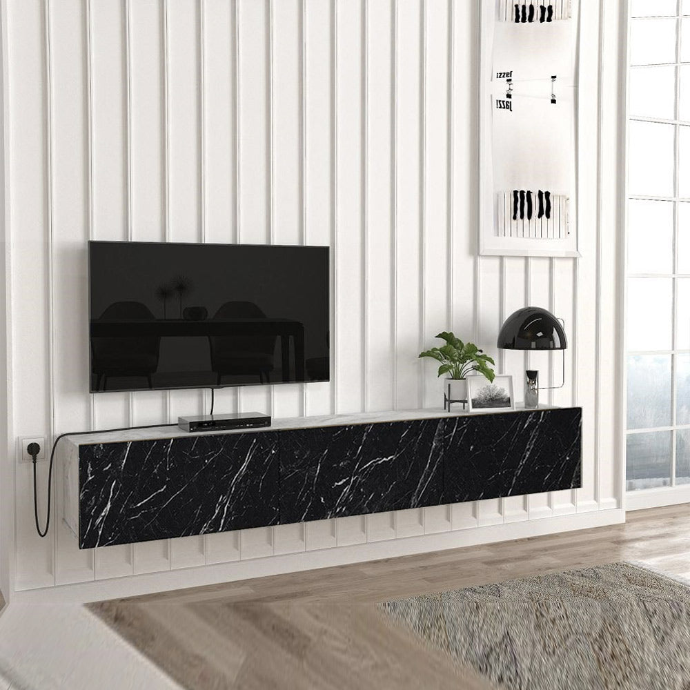 Meuble TV suspendu DAMLA 180 cm à 3 portes - Double effet marbre