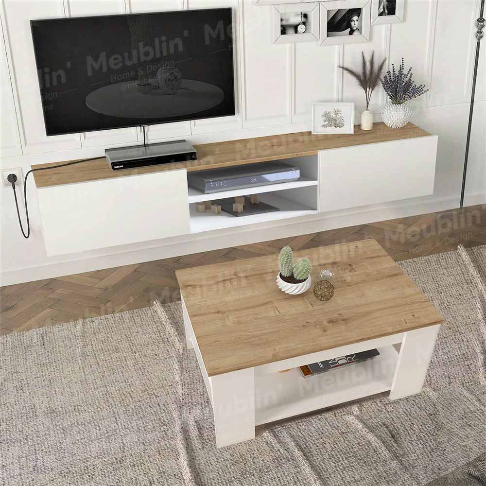 Pack DIMALENA - Meuble TV suspendu et Table basse - Blanc et chêne - Meublin.ma Meuble TV Meublin.ma
