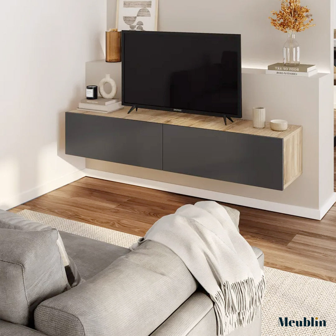 Meuble TV design suspendu FRANCY 135 cm - Chêne et Gris