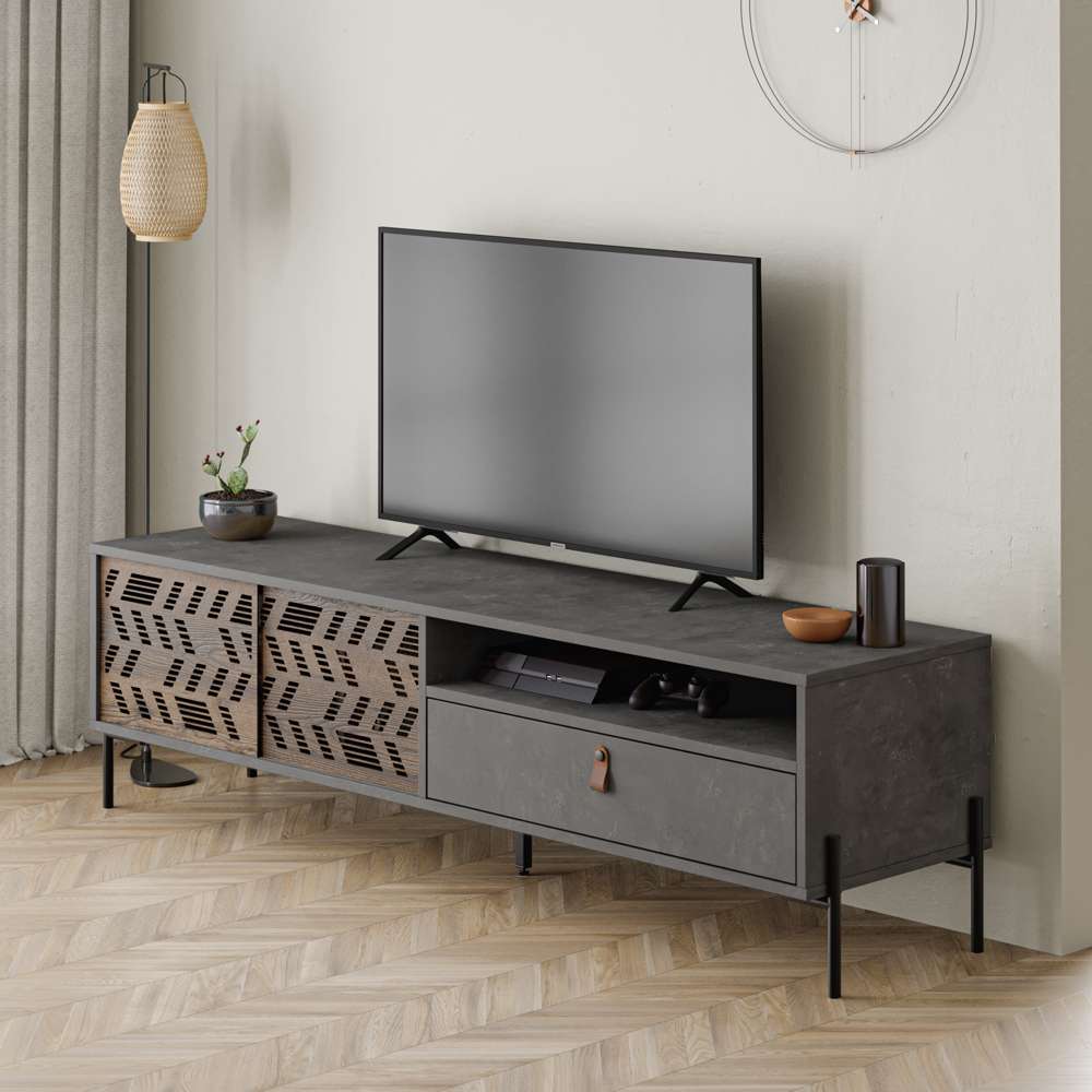 Meuble TV moderne DIONYSOS 170 cm pour séjour ou salon - Retro Grey - Meublin.ma Meuble TV Meublin.ma