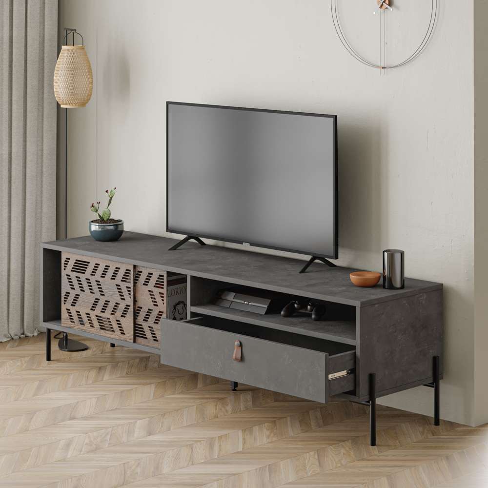 Meuble TV moderne DIONYSOS 170 cm pour séjour ou salon - Retro Grey - Meublin.ma Meuble TV Meublin.ma