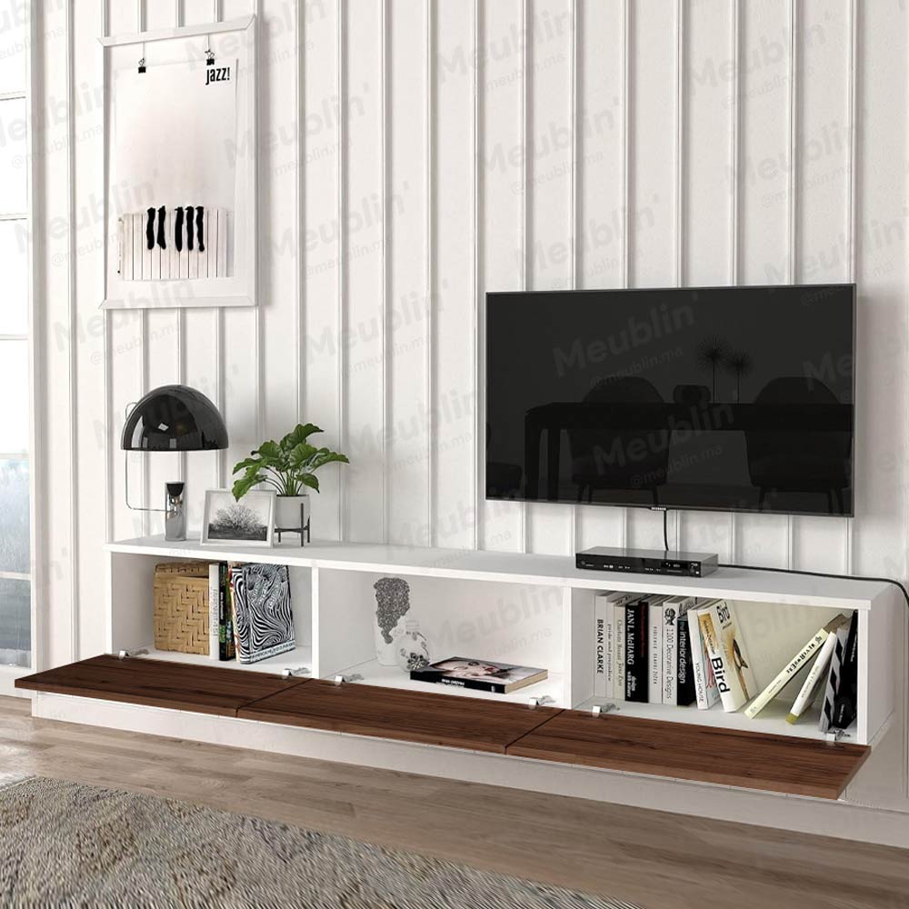 Meuble TV suspendu DAMLA 180 cm - Blanc et Marron foncé