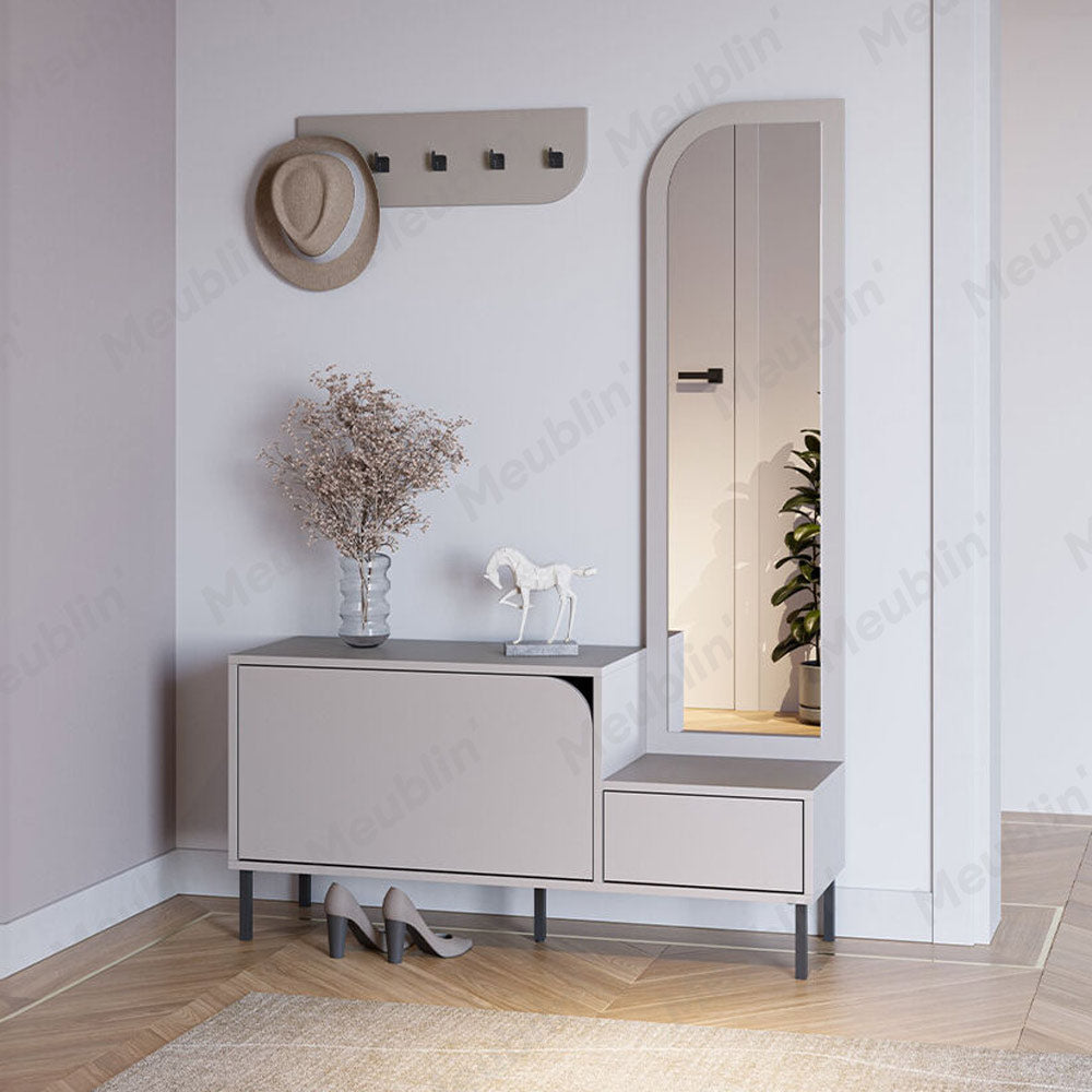 Meuble d'entrée MILA 172 cm - Rangement chaussures - Porte-manteaux et miroir