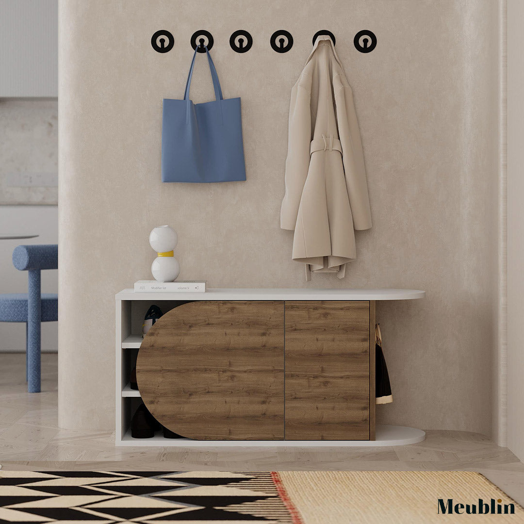 Banc à chaussures moderne - NOVA 104 cm - Blanc et Marron Noyer