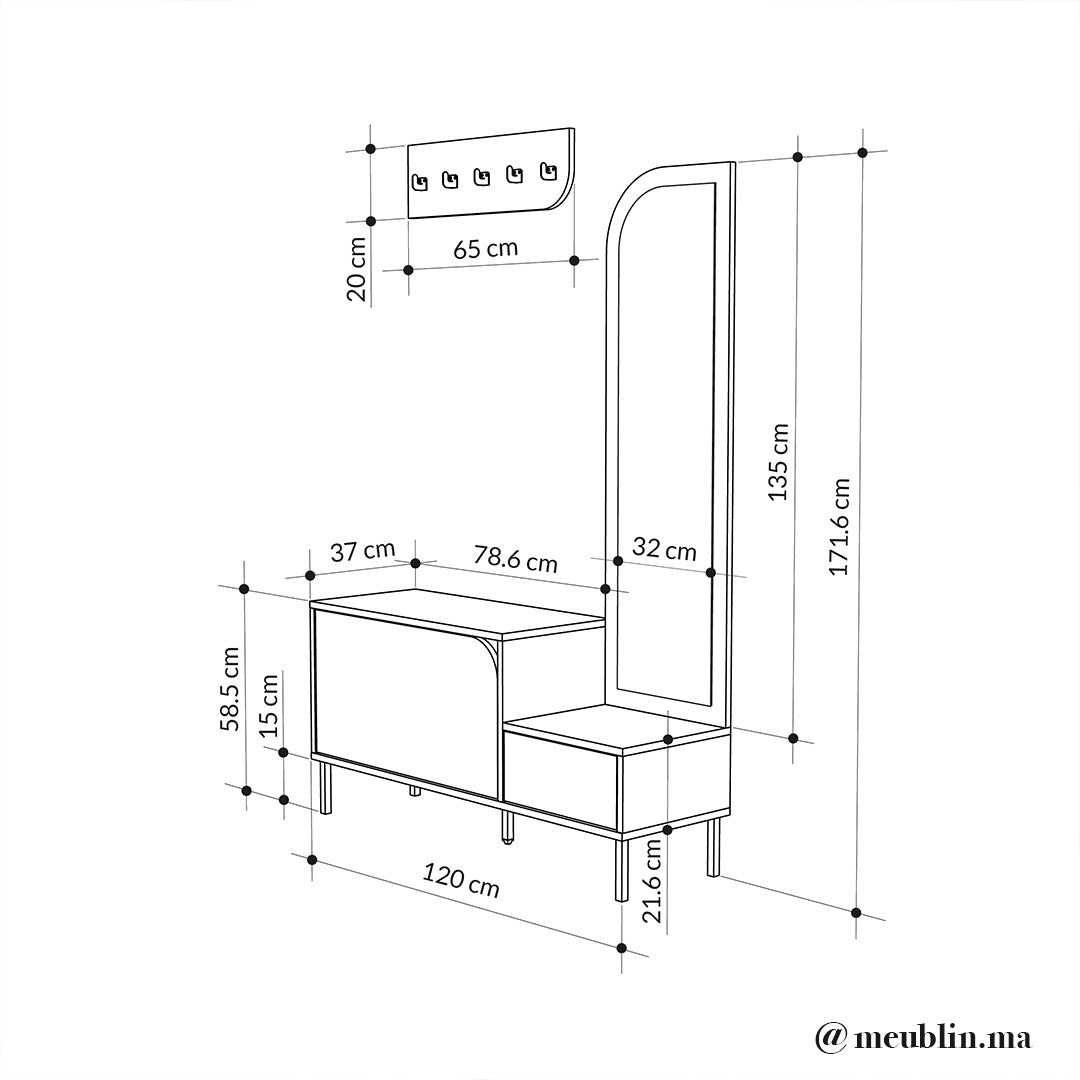 Meuble d'entrée MILA 172 cm - Rangement chaussures - Porte-manteaux et miroir - Meublin.ma Meuble TV Meublin.ma