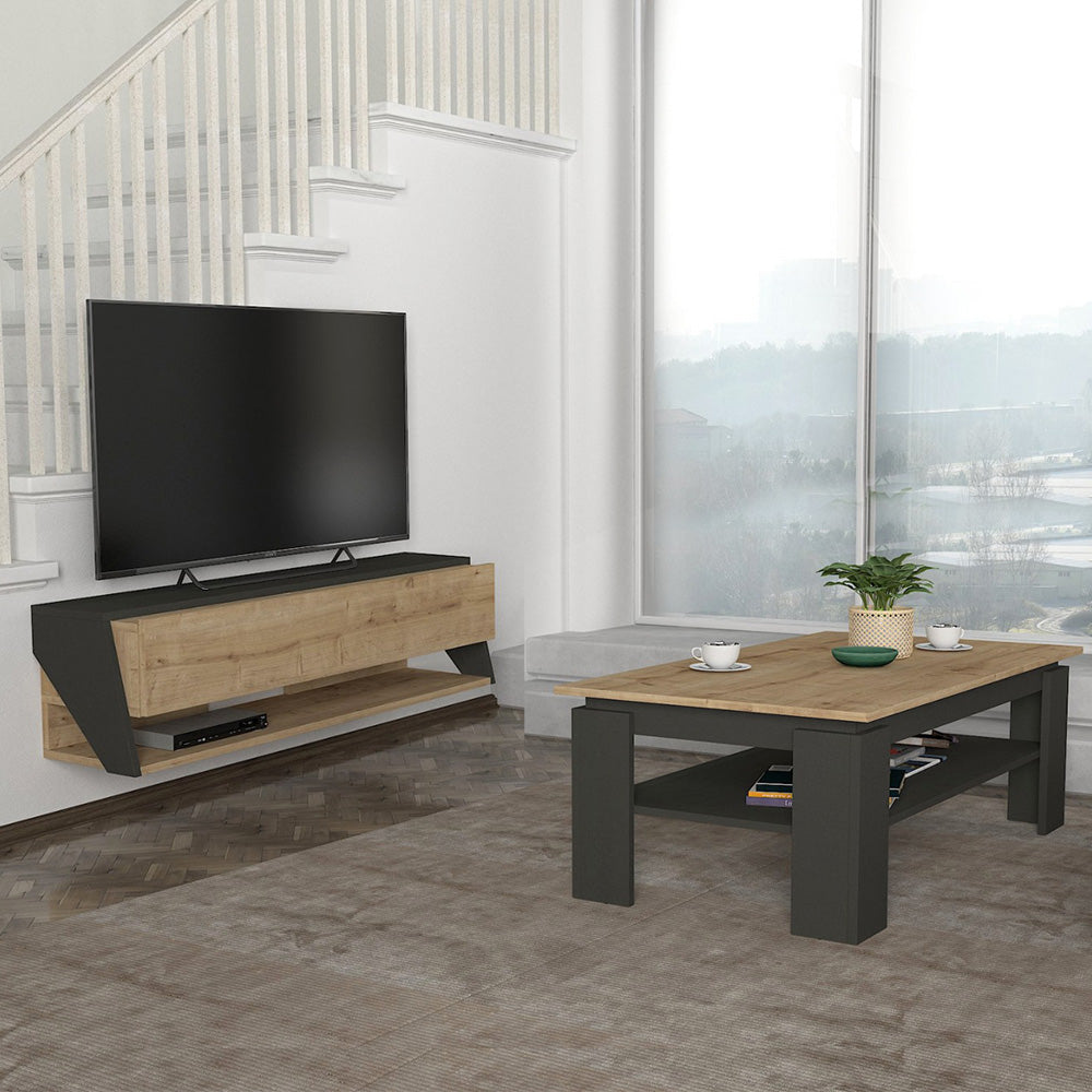 Pack LERITOS - Meuble TV suspendu et Table basse - Gris et chêne - Meublin.ma Meuble TV Meublin.ma
