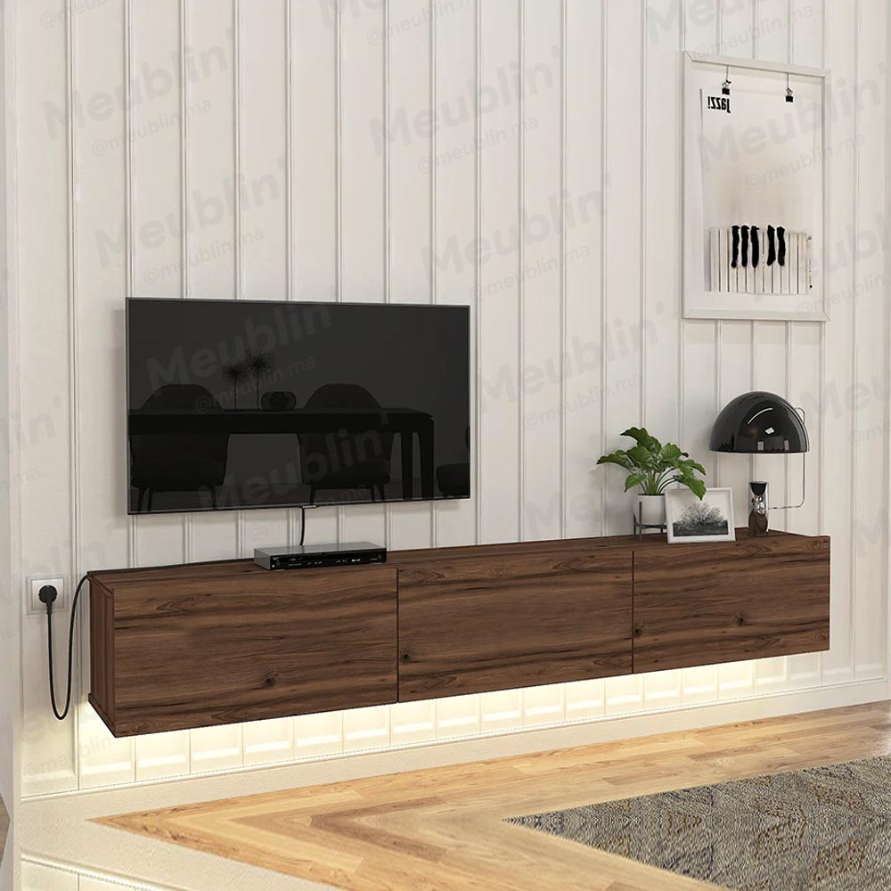 Meuble TV suspendu DAMLA 180 cm avec éclairage LED - Bois Marron Tokap