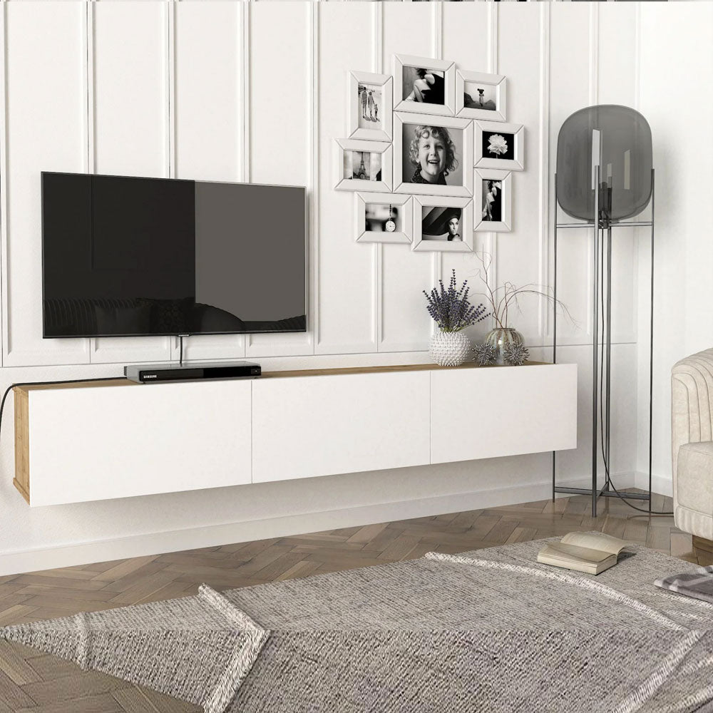 Meuble TV suspendu DAMLA 180 cm - Chene et Blanc - Éclairage LED