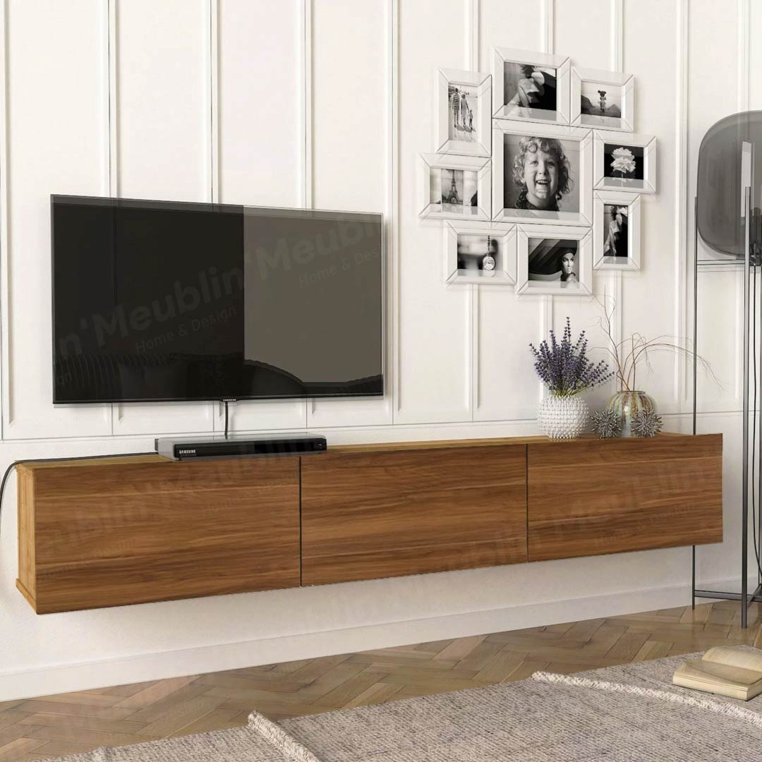 Meuble TV design suspendu DAMLA 180 cm - Chêne et noyer - Meublin.ma Meuble TV Meublin.ma