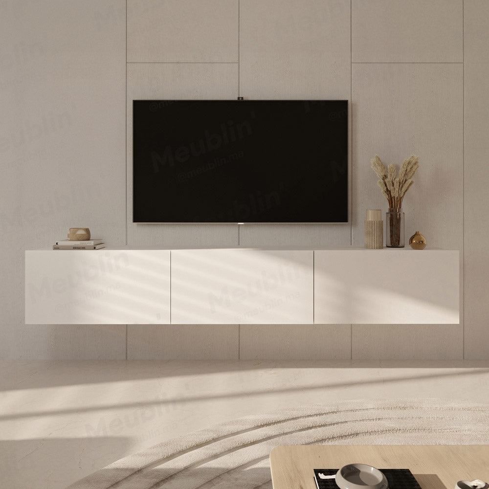 Meuble TV design suspendu DAMLA 180 cm Blanc - Séjour et Salon - Meublin.ma Meuble TV Meublin.ma