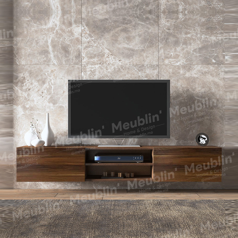Meuble TV suspendu LENA 180 cm à 2 portes - Marron noyer - Meublin.ma Meuble TV Meublin.ma