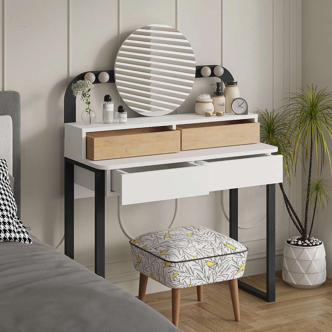 Table coiffeuse LORA à tiroirs avec miroir et LED intégré - Chambre à coucher