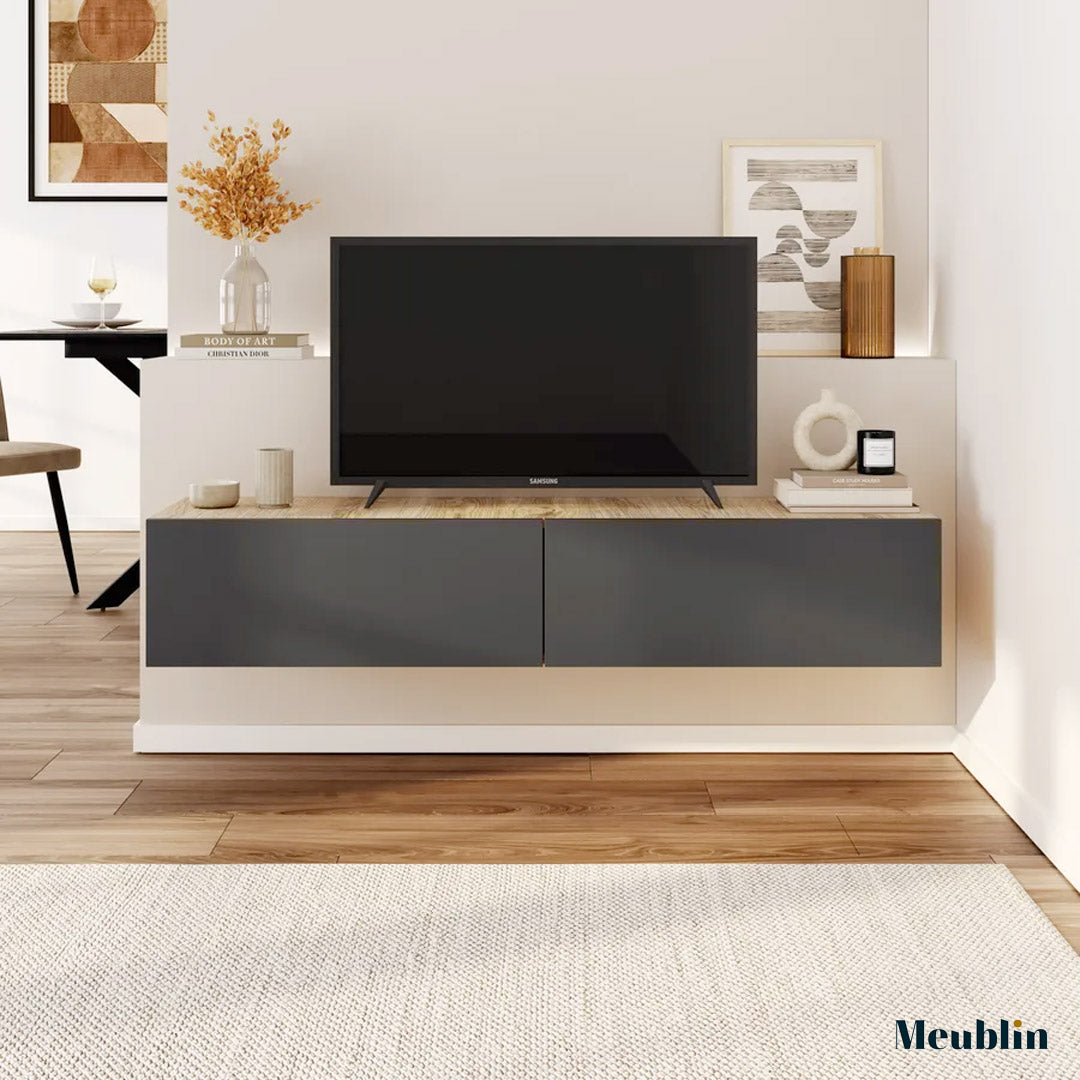 Meuble TV design suspendu FRANCY 135 cm - Chêne et Gris