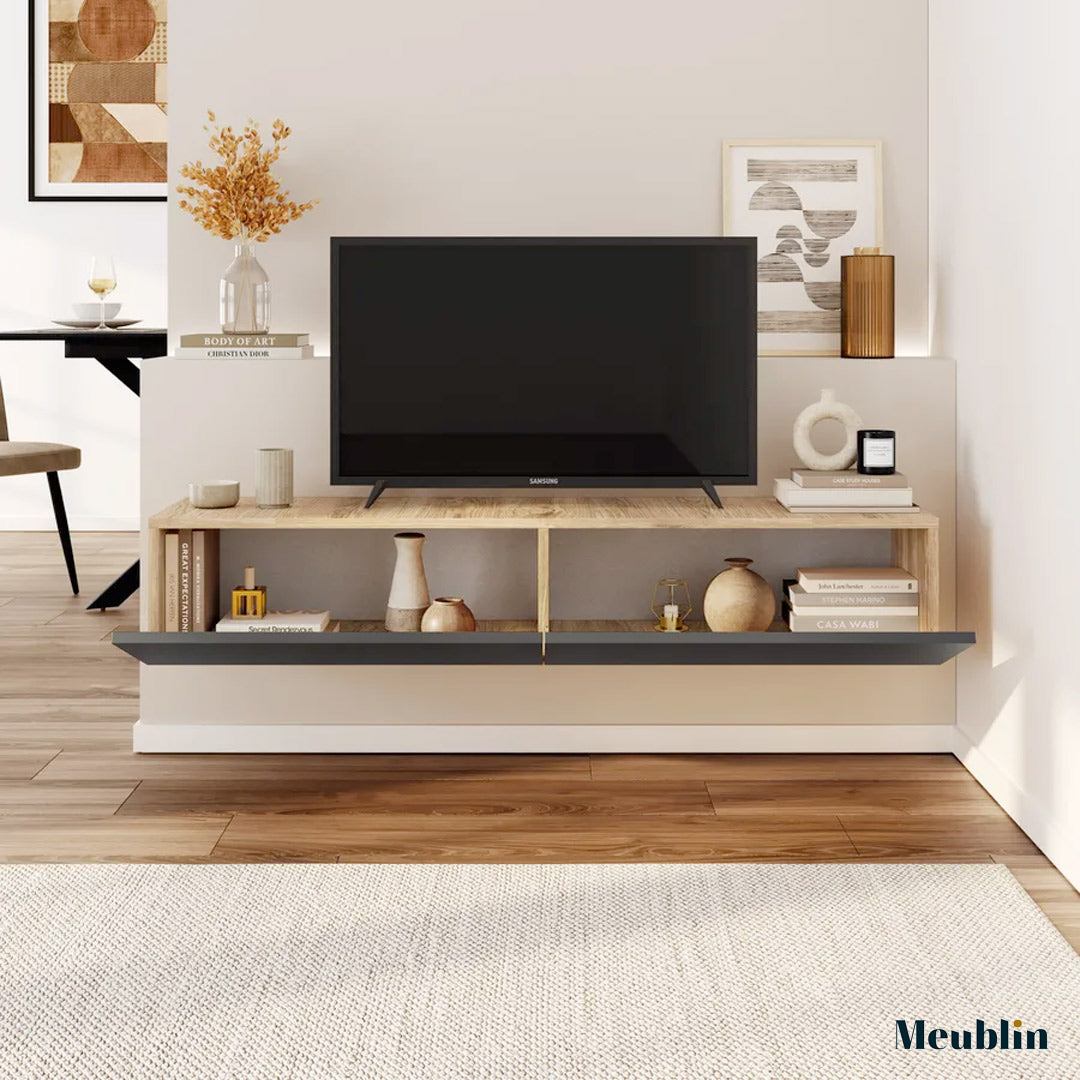 Meuble TV design suspendu FRANCY 135 cm - Chêne et Gris