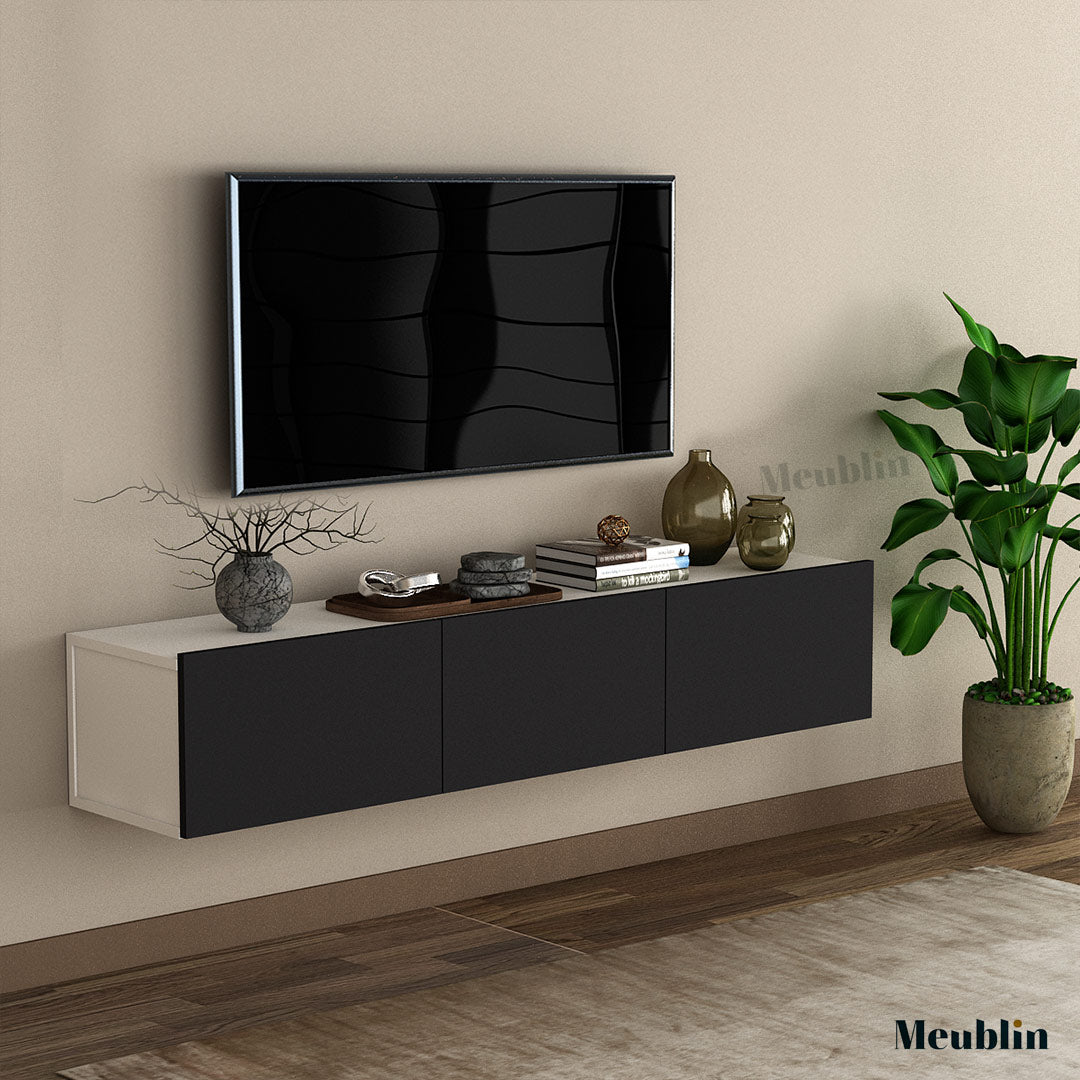 Meuble TV suspendu DAMLA 180 cm - Cadre Blanc et Portes Noires