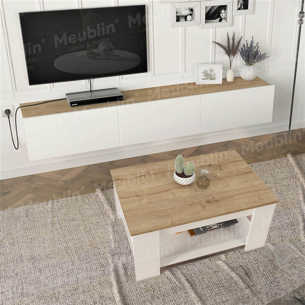 Pack PALDIMA - Meuble TV suspendu et Table basse - Blanc et chêne - Meublin.ma Meuble TV Meublin.ma